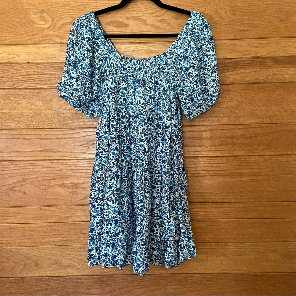 Wild Fable blue floral off shoulder puff sleeve tiered mini dress - Picture 2 of 7